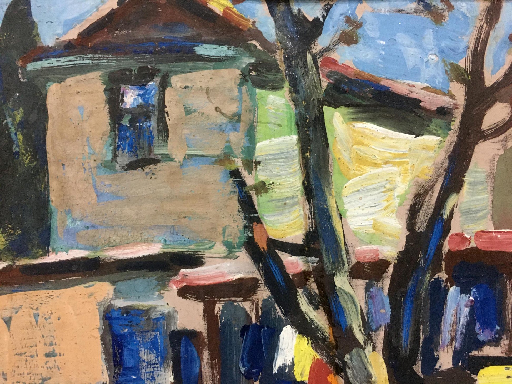 Vibrant impressionistic oil painting of plum blossoms house in warm earth tones