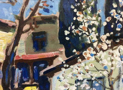 Oil painting of Plum blossoms: impressionist tree with white blue flowers by rustic building