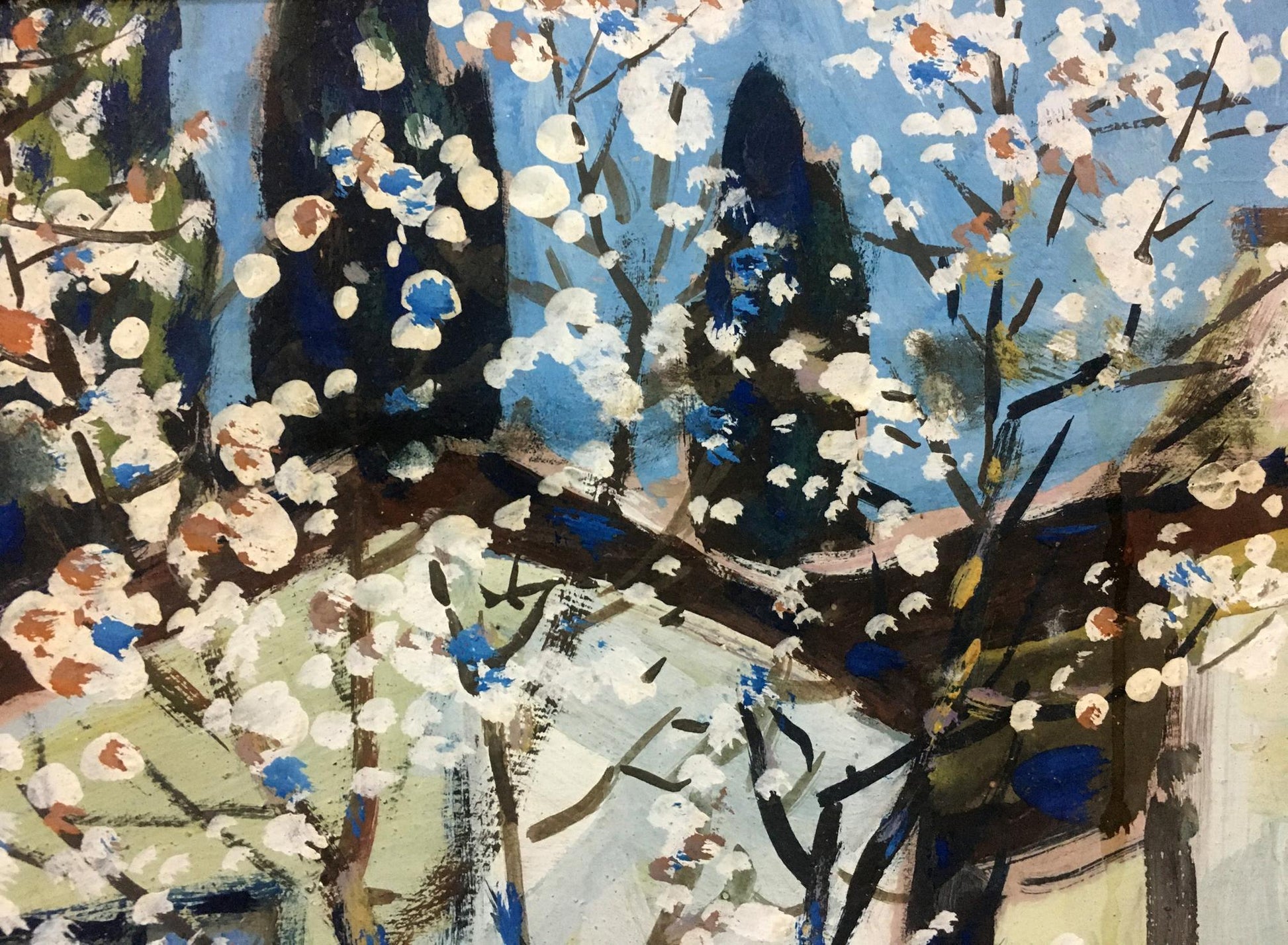 Oil painting Plum blossoms with white blue flowers on textured background