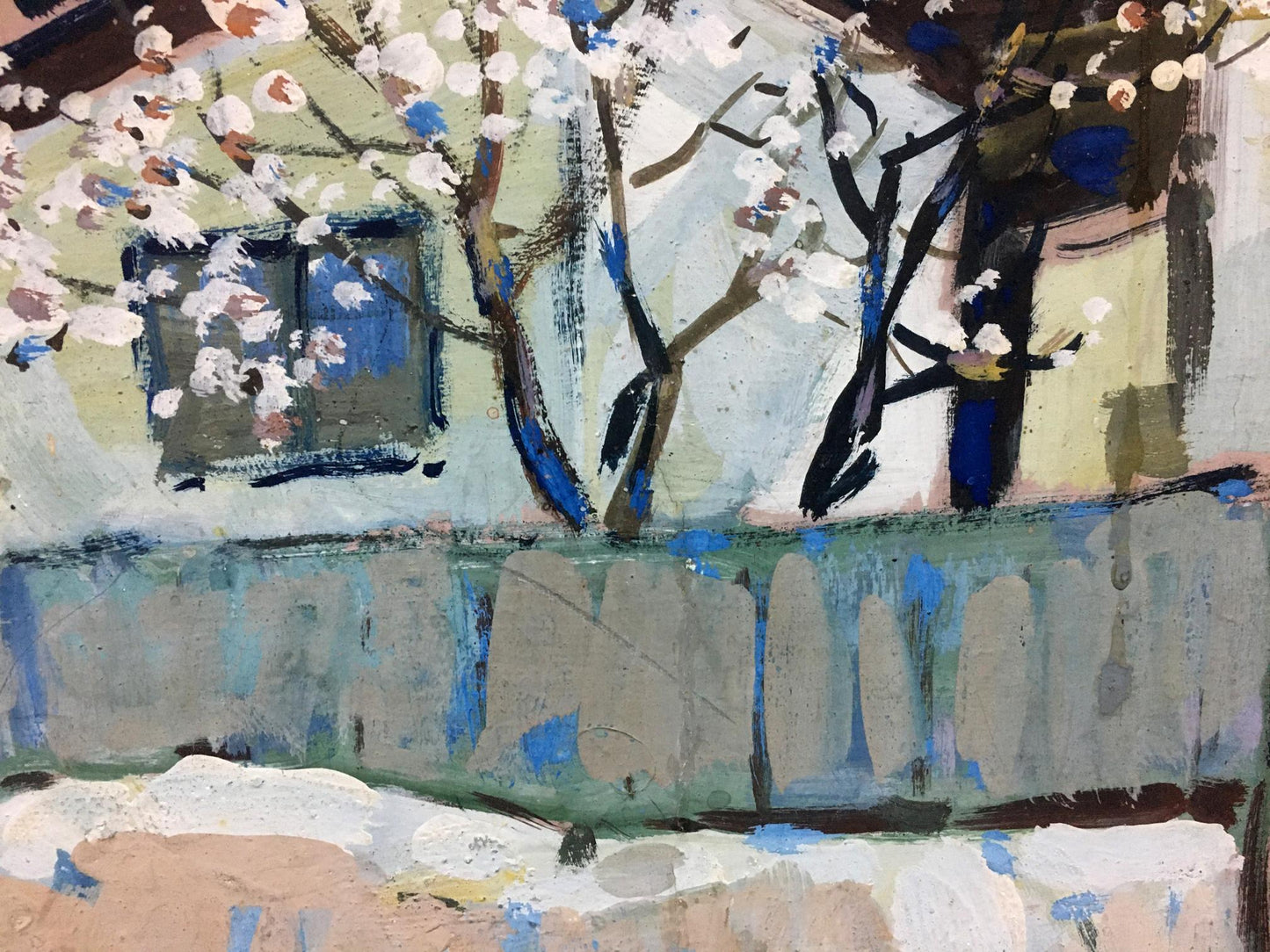 Oil painting of Plum Blossoms: impressionistic trees with white and blue flowers
