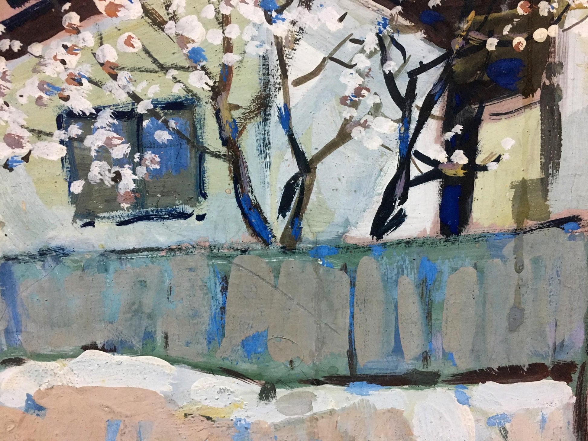 Oil painting of Plum Blossoms: impressionistic trees with white and blue flowers