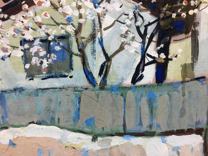 Oil painting of Plum Blossoms: impressionistic trees with white and blue flowers