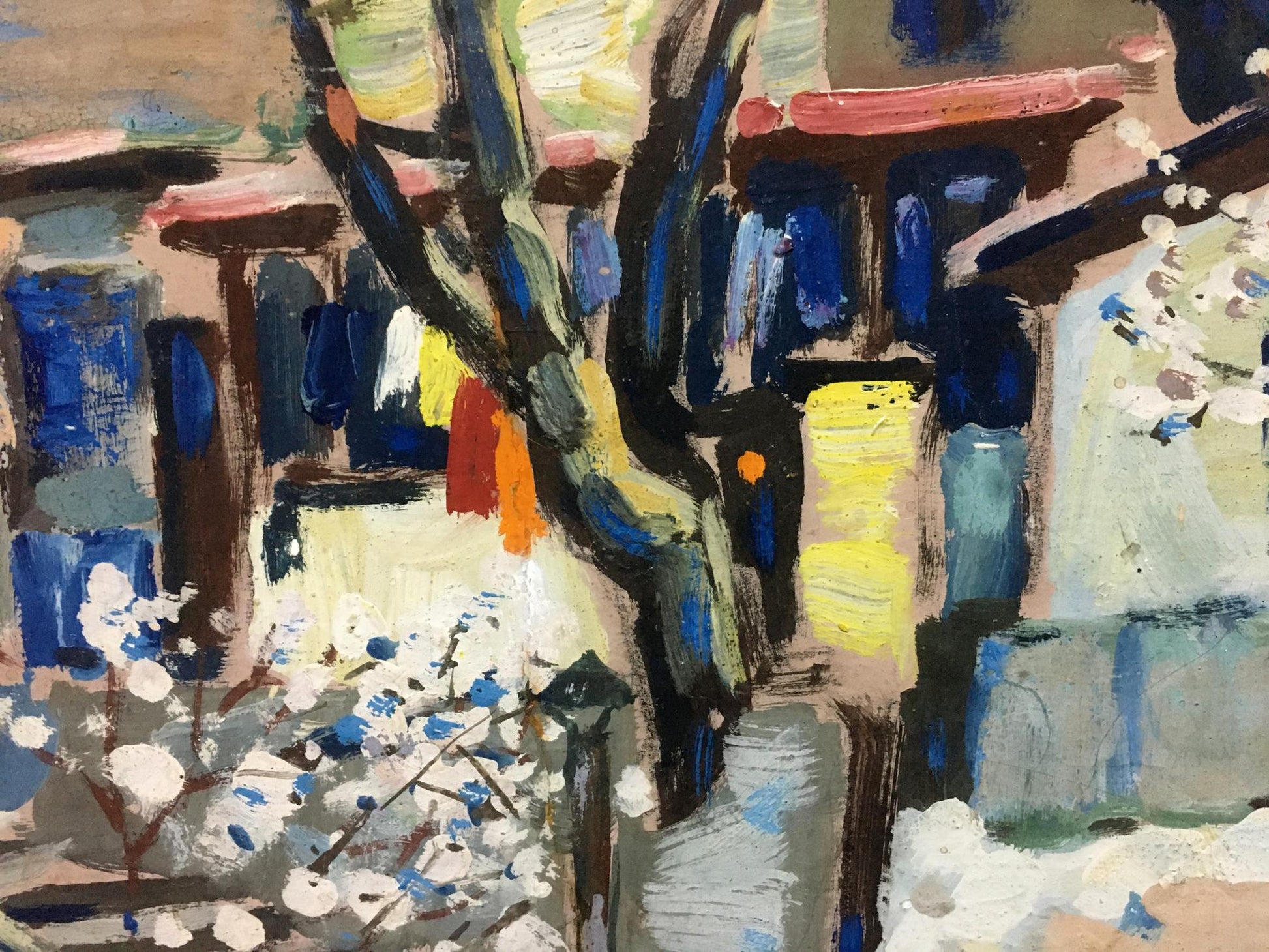 Oil painting of plum blossoms tree with bold blue, yellow, white strokes on buildings