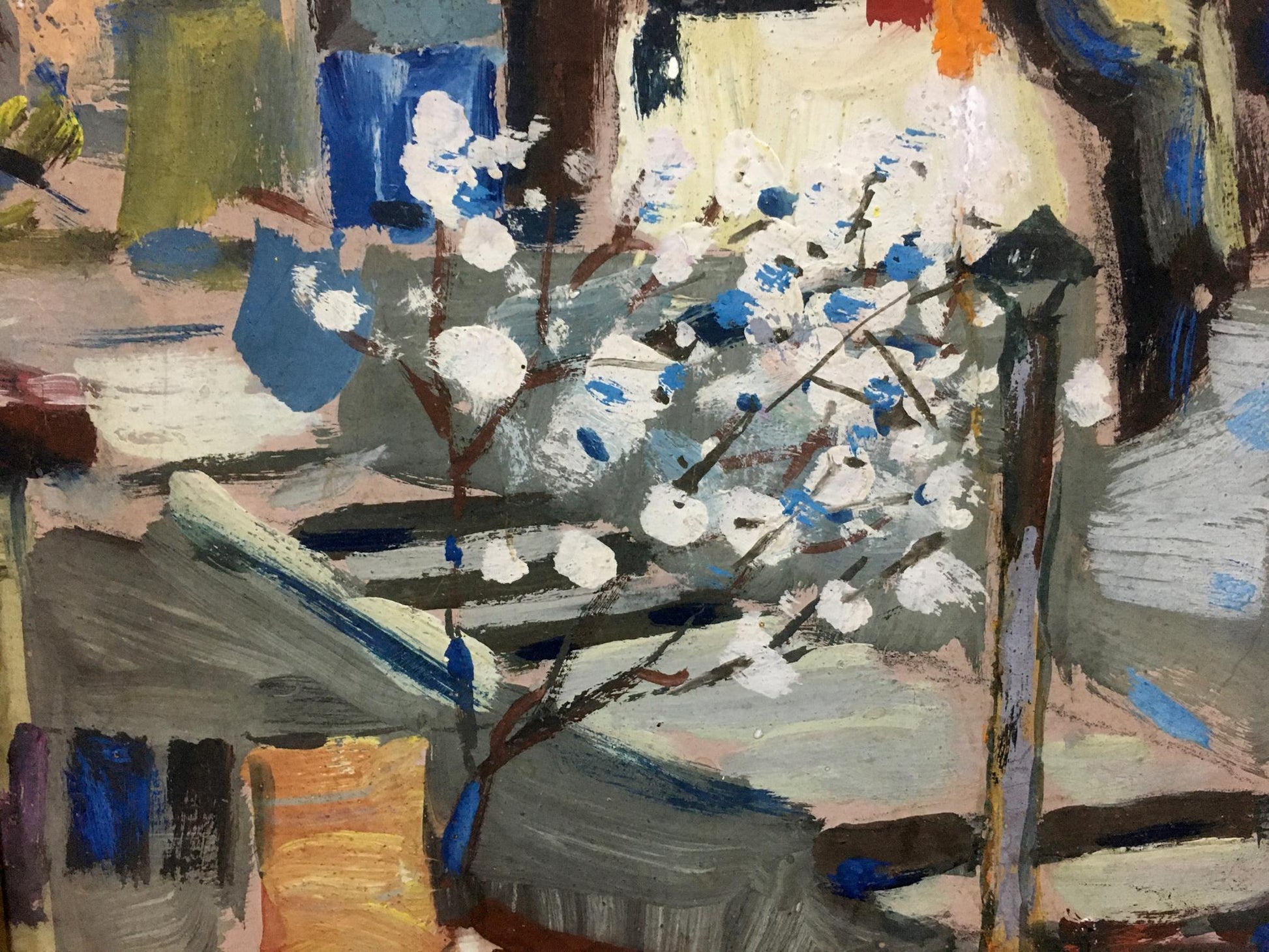 Oil painting of vibrant plum blossoms with white flowers and blue accents