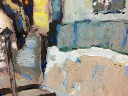 Oil painting Plum blossoms: abstract expressionist with yellow, blue, gray, beige strokes