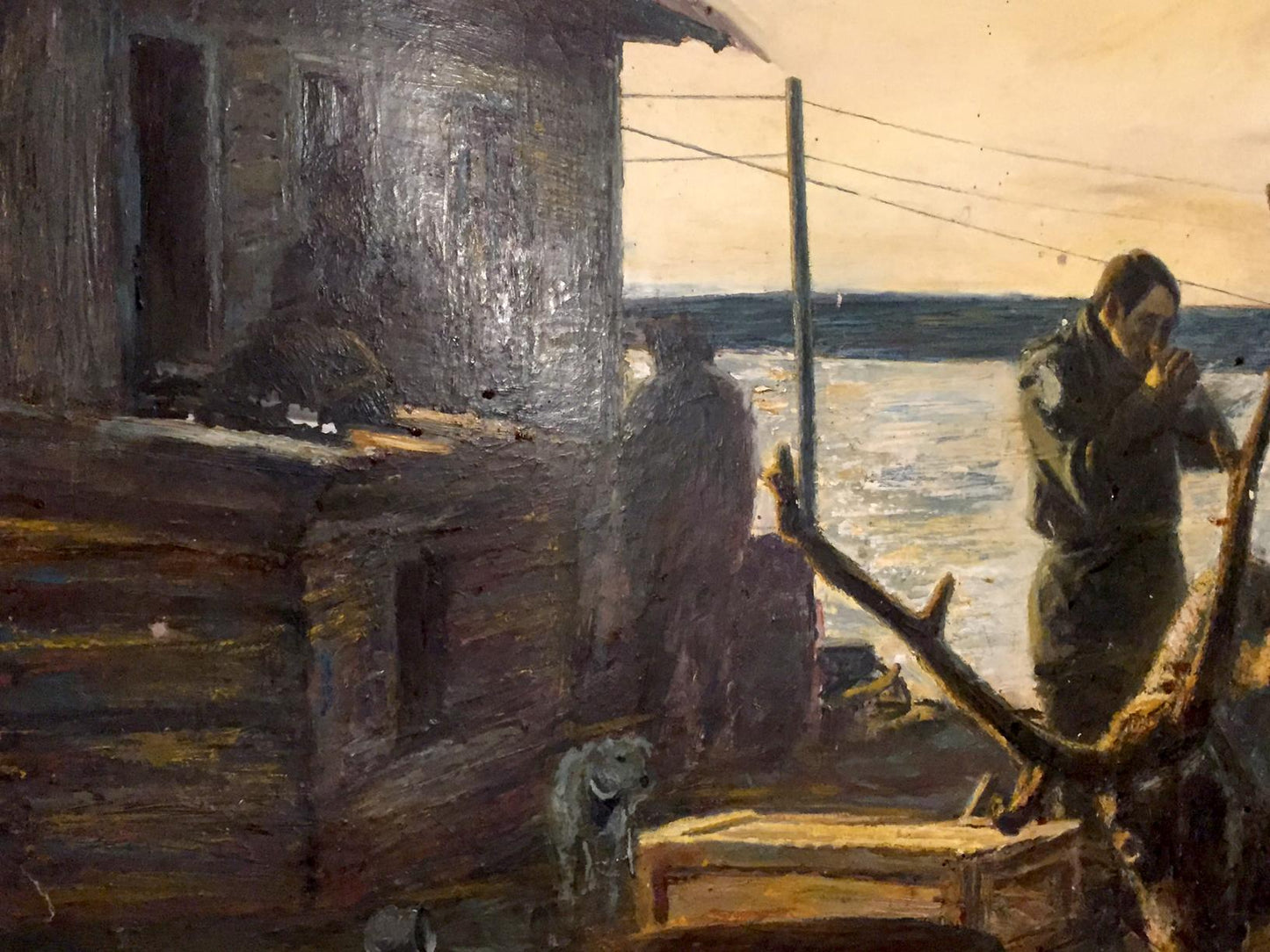 Oil painting of weathered wooden fishing boat in Autumn on Vaigach by Nedoshovenko Tamara Fedorovna