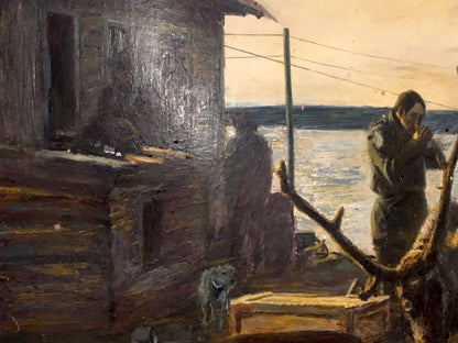 Oil painting of weathered wooden fishing boat in Autumn on Vaigach by Nedoshovenko Tamara Fedorovna