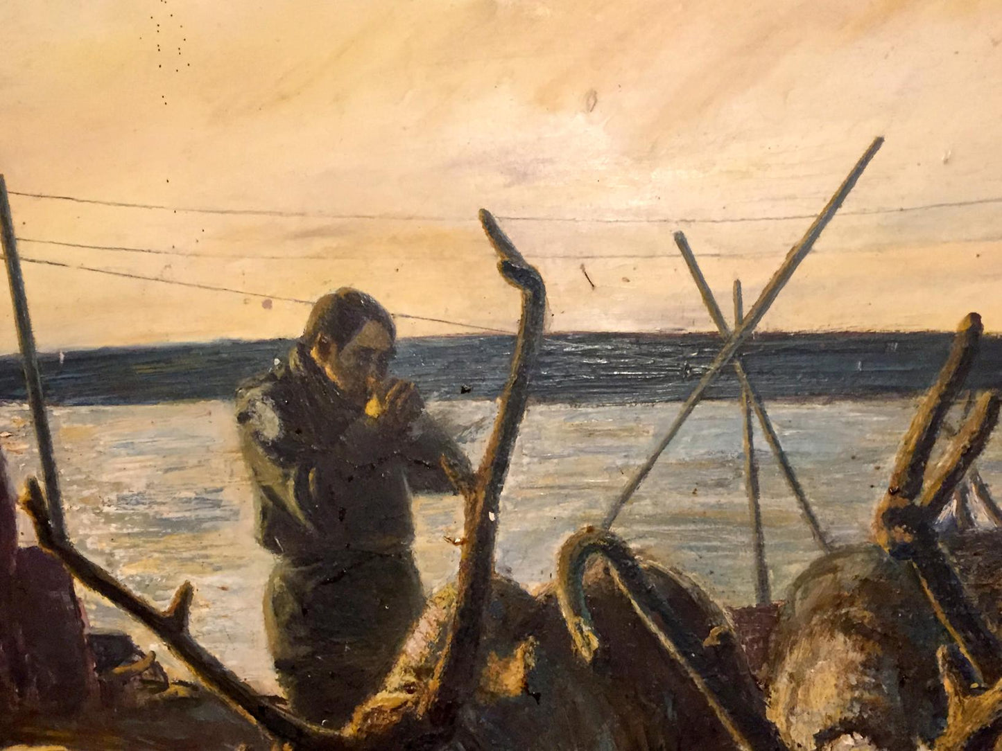 Oil painting of man in dark coat on boat, Autumn on Vaigach by Nedoshovenko Tamara Fedorovna