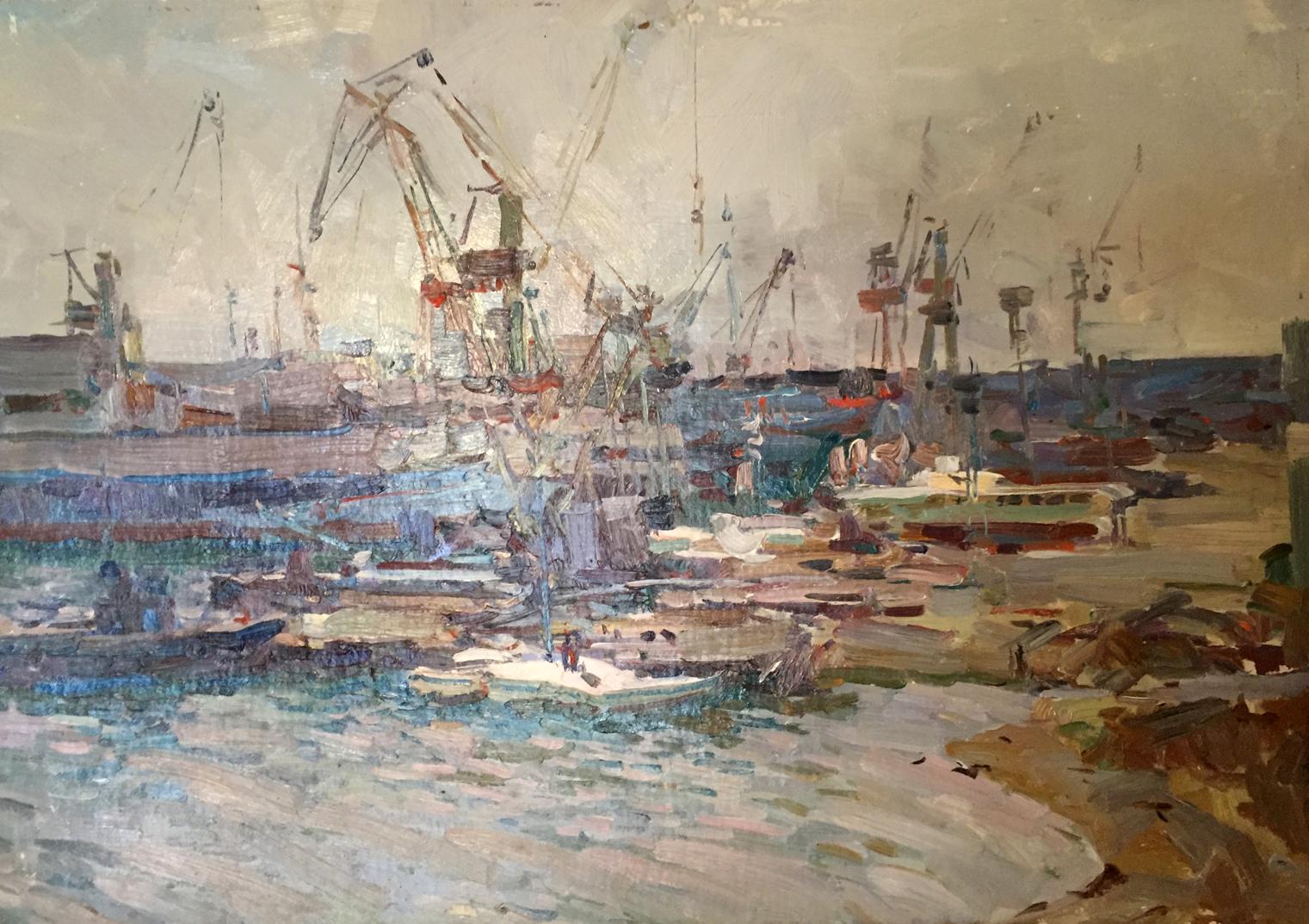 Oil painting of bustling harbor by Port Victor Nikolayevich Volkov