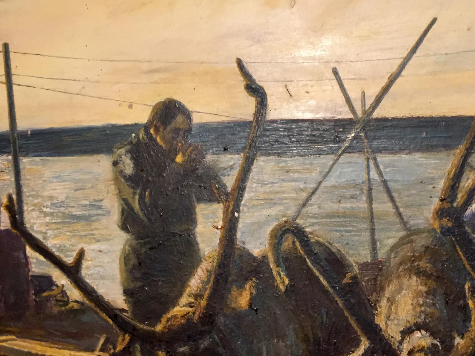 Oil painting of man in dark coat on boat at sunset, Autumn on Vaigach by Nedoshovenko Tamara Fedorovna