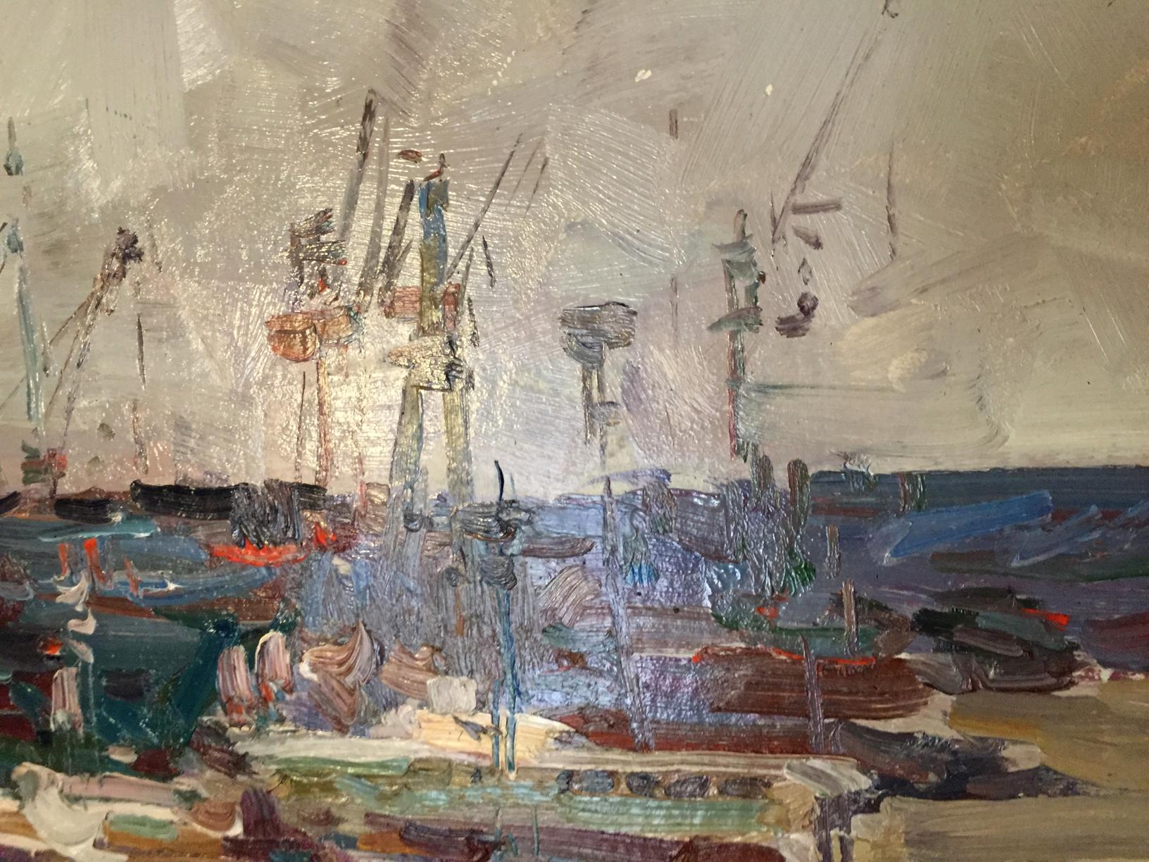 Oil painting Port Victor Nikolayevich Volkov bustling harbor scene