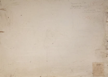 Back of faded aged paper document with handwritten notes for Oil painting Autumn on Vaigach by Nedoshovenko Tamara Fedorovna