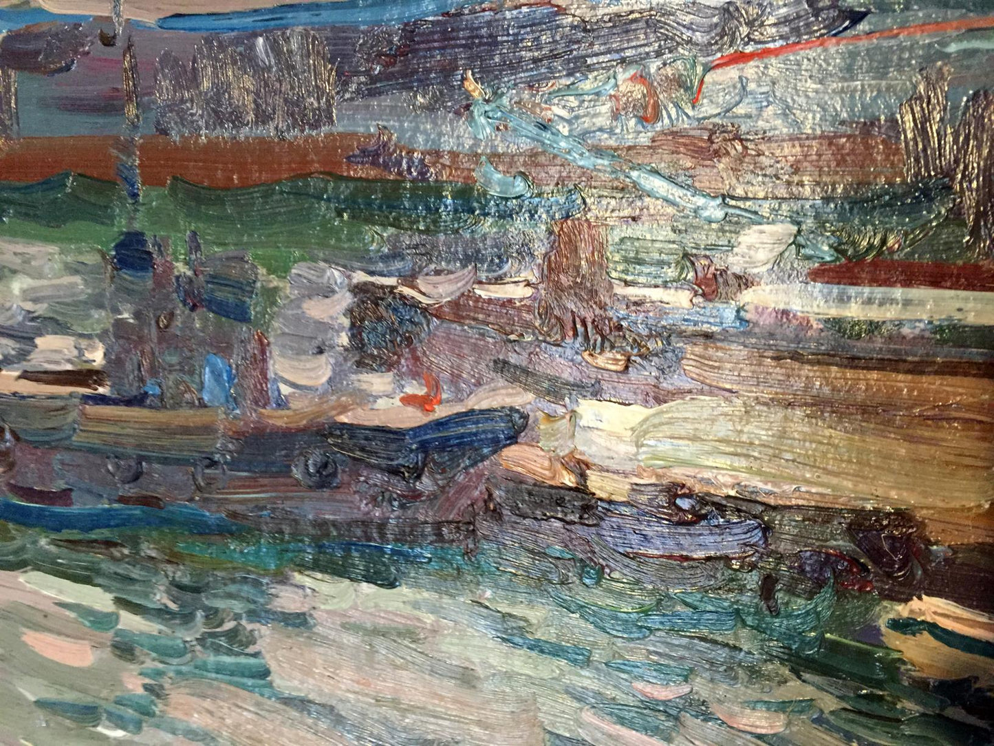 Impasto oil painting by Port Victor Nikolayevich Volkov: coastal boats scene