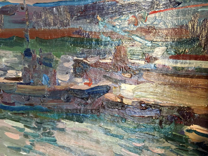 Impasto oil painting by Port Victor Nikolayevich Volkov: coastal boats scene