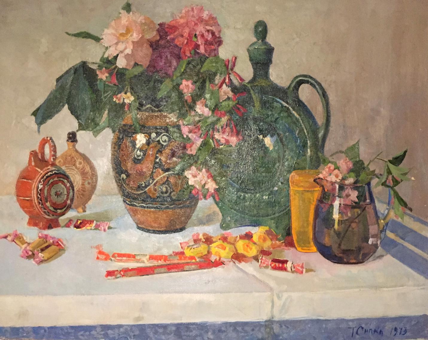 Oil painting Flowers Sipko T.I. vibrant floral arrangement in rustic swirled vase