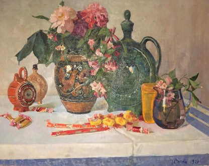 Oil painting Flowers Sipko T.I. vibrant floral arrangement in rustic swirled vase