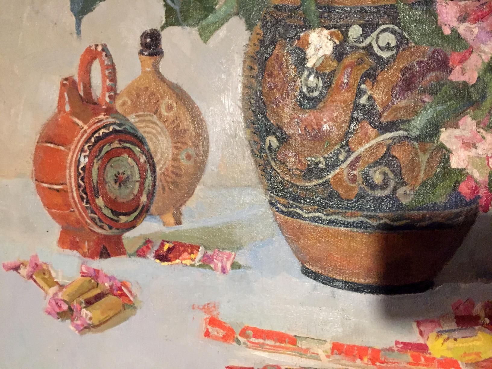 Terracotta pitcher with red black pattern in Oil painting Flowers Sipko T.I