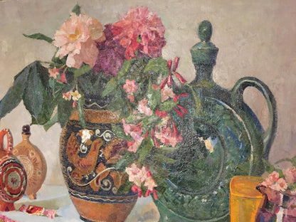 Oil painting Flowers Sipko T.I. with pink purple flowers in black gold vase