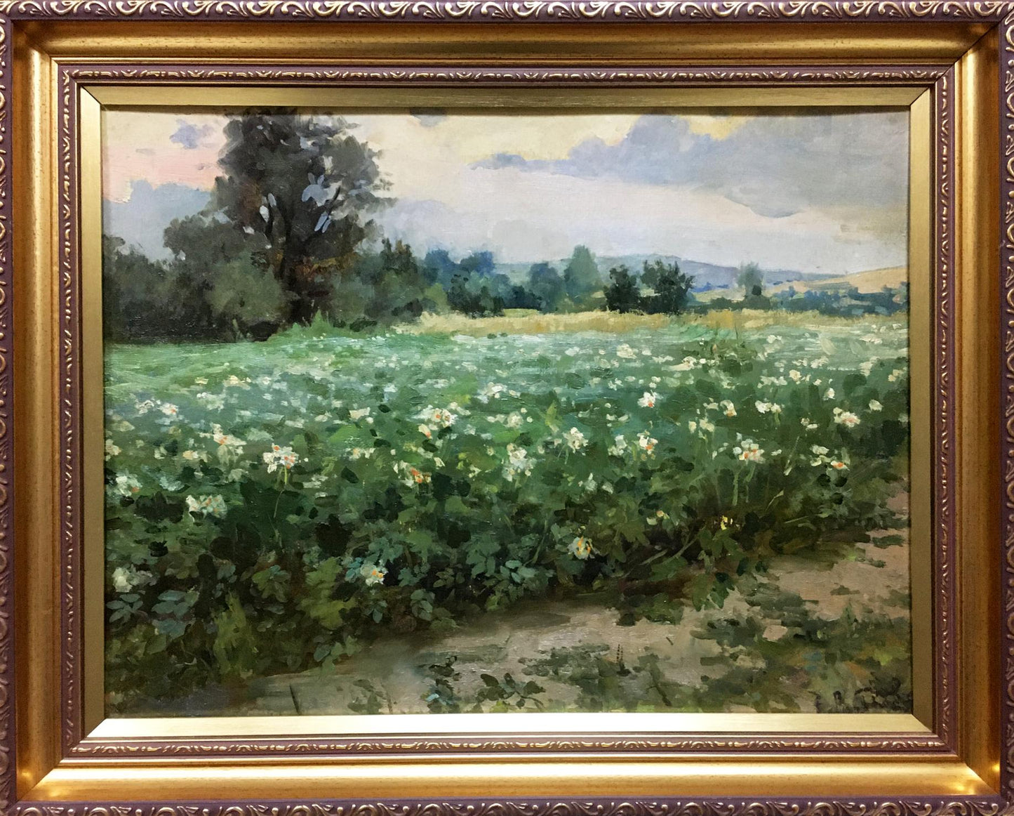 Oil painting Plantation: lush green field with white flowers under cloudy sky
