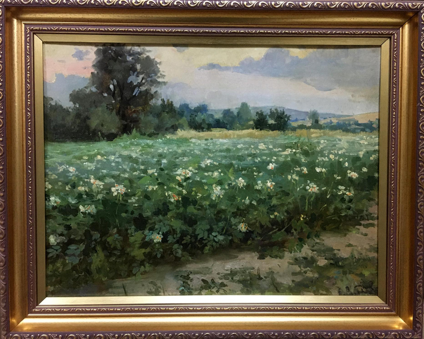Oil painting Plantation: lush green field of white flowers in ornate gold frame