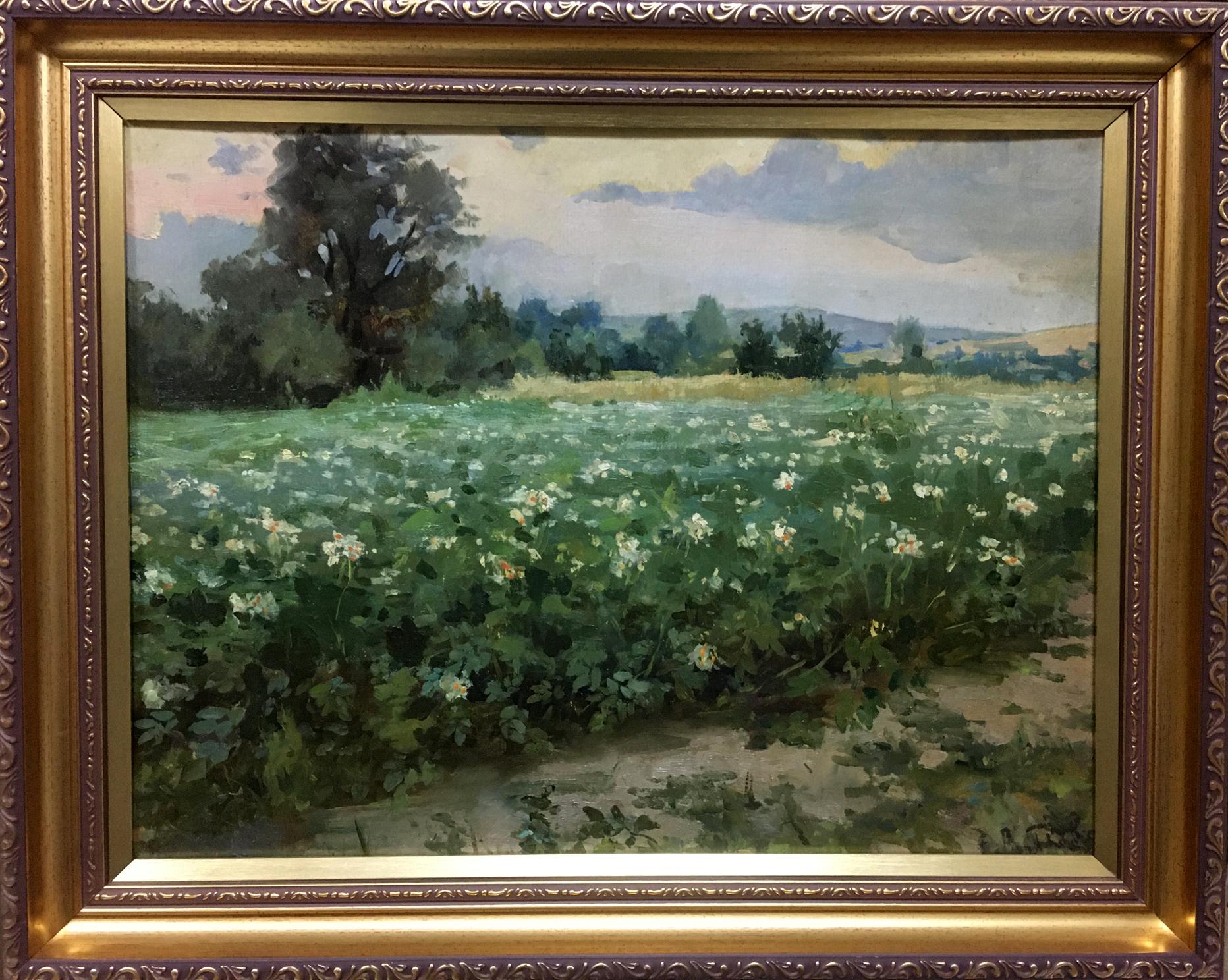 Oil painting Plantation: lush green field of white flowers in ornate gold frame