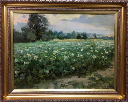 Oil painting Plantation: lush green field of white flowers in ornate gold frame