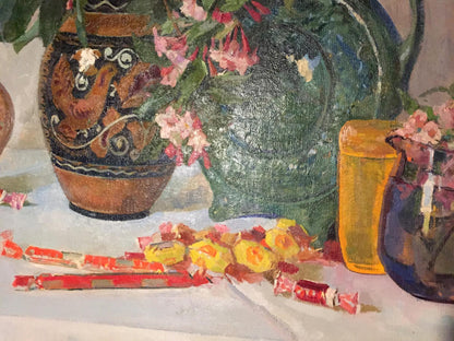 Oil painting Flowers Sipko T.I. brown ceramic vase with pink blossoms