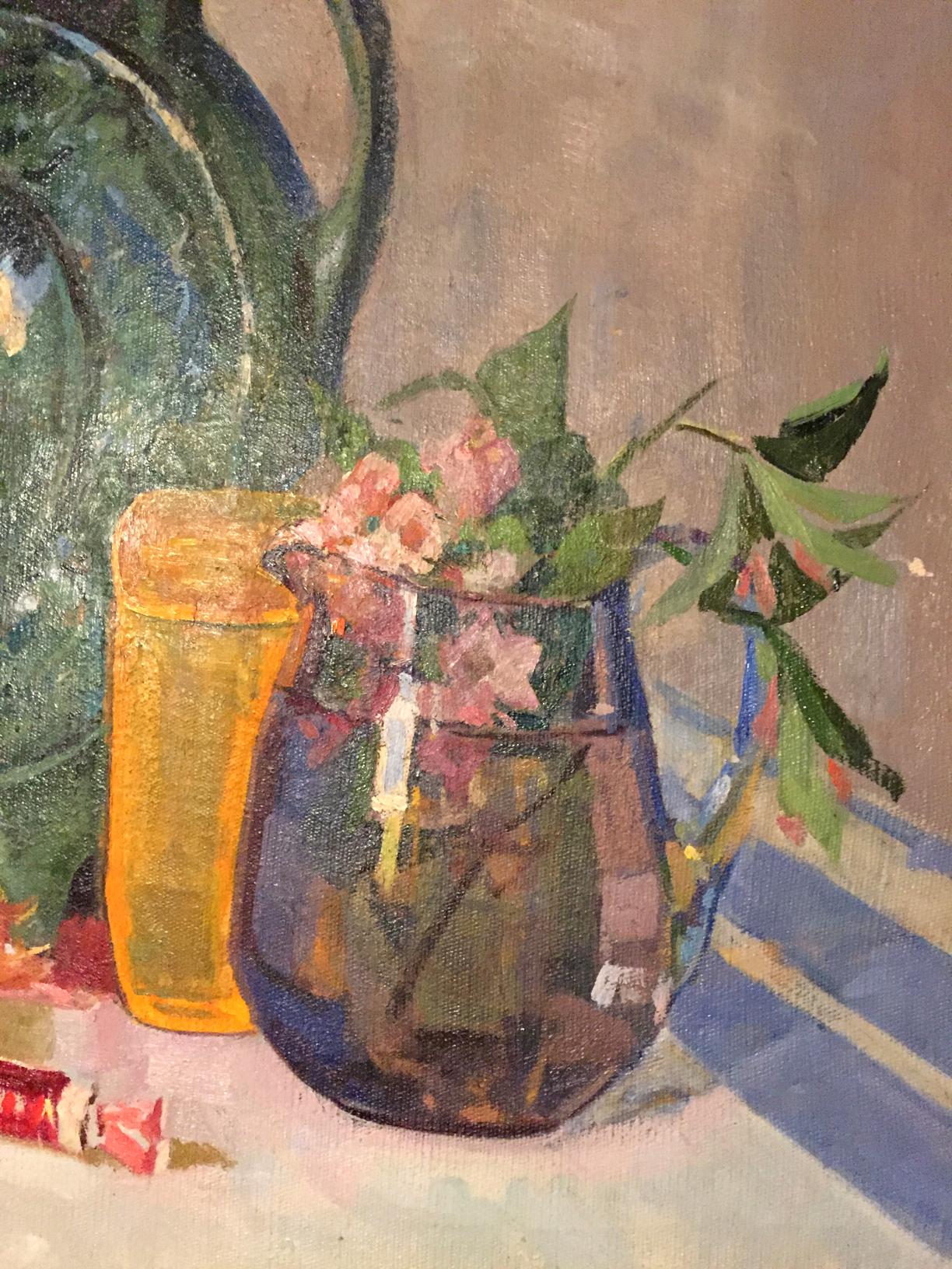 Oil painting Flowers Sipko T.I. blue glass vase with pink white flowers green leaves