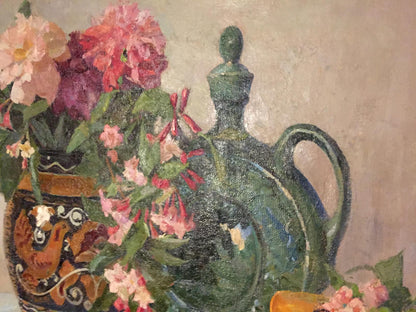 Dark green ceramic decanter with rounded body for Oil painting Flowers Sipko T.I
