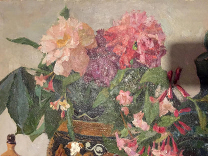 Oil painting Flowers Sipko T.I. with ornate vase and pink peonies