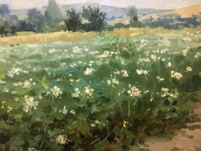 Vibrant Oil painting Plantation: sunlit field of white flowers and hills