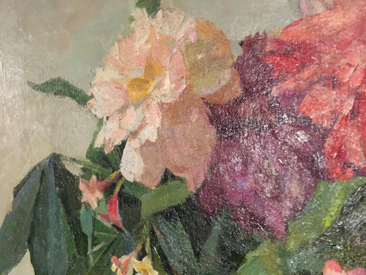 Oil painting Flowers Sipko T.I. with pink purple blossoms and green leaves
