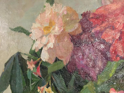Oil painting Flowers Sipko T.I. with pink purple blossoms and green leaves