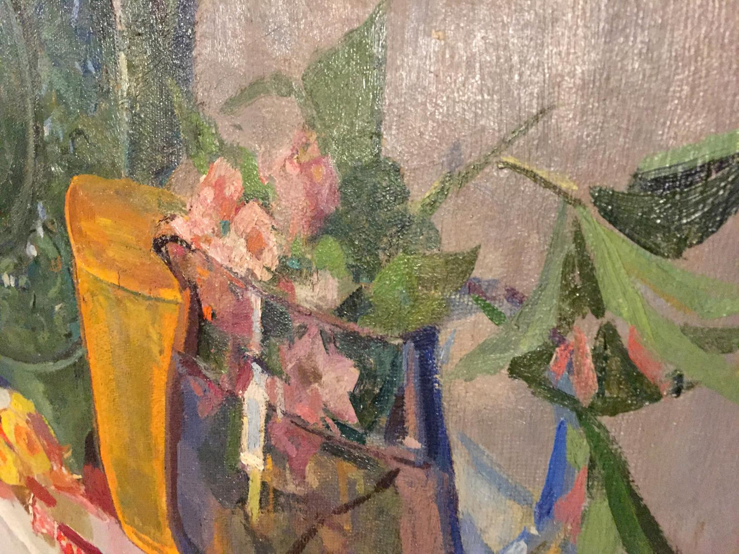 Oil painting Flowers Sipko T.I. vibrant yellow vase with pink green flowers