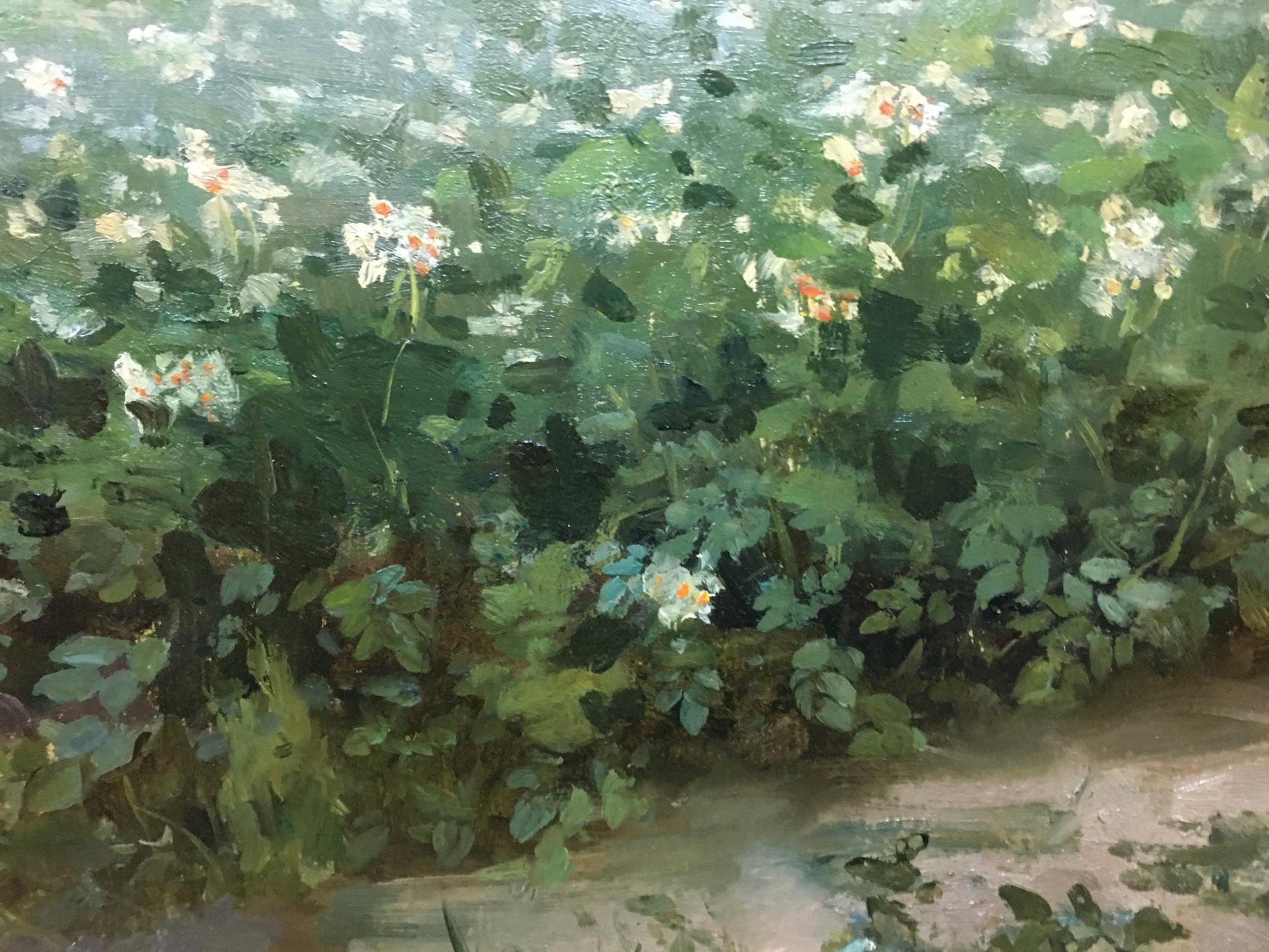 Lush impressionistic oil painting Plantation of dense green garden with white pink flowers