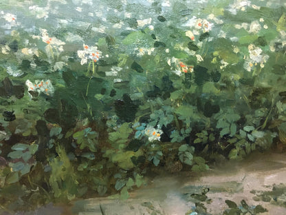Lush impressionistic oil painting Plantation of dense green garden with white pink flowers