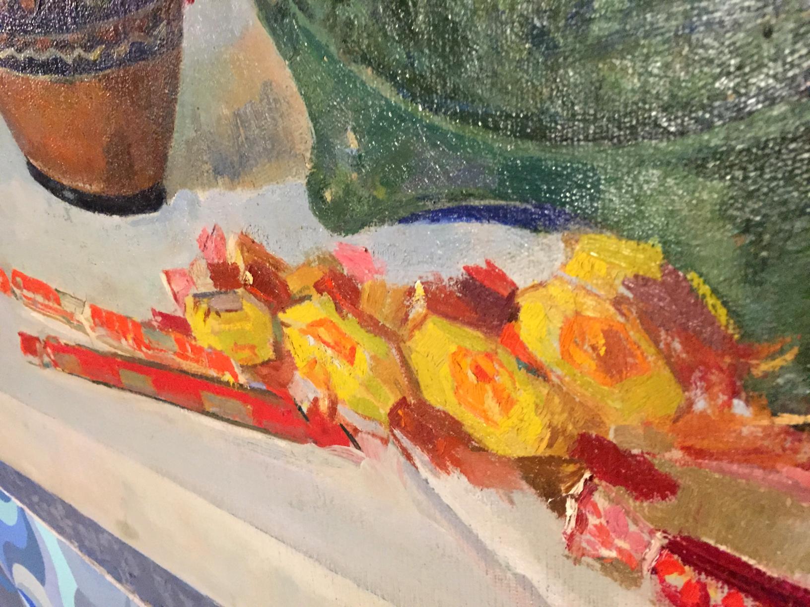 Vibrant oil painting Flowers Sipko T.I. with yellow orange fruit and red accents