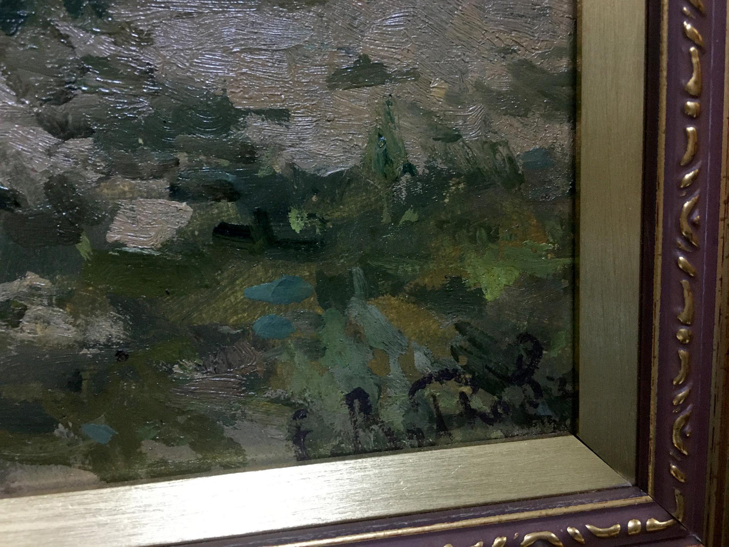 Oil painting Plantation impressionistic landscape in purple gold frame