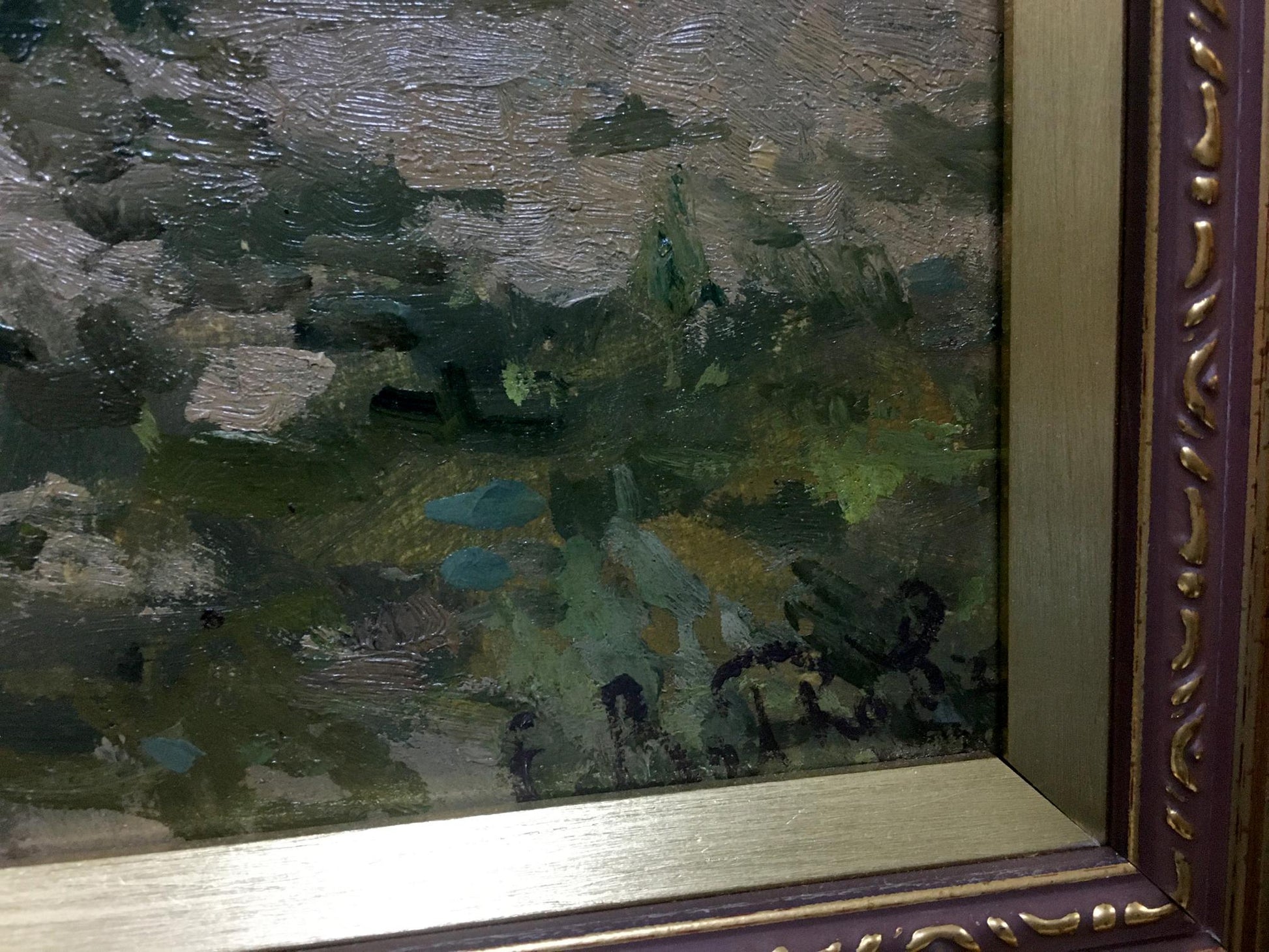 Oil painting Plantation impressionistic landscape in purple gold frame