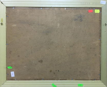 Back of Oil painting Plantation: brown wooden panel with grain, stains, metal fasteners