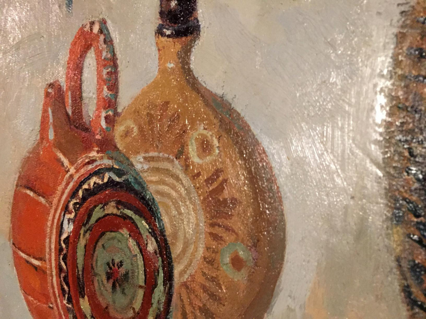 Hand-painted terracotta jug with red green patterns like Oil painting Flowers Sipko T.I