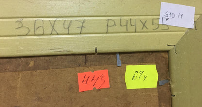 Back of Oil painting Plantation with light green frame, handwritten measurements, sticky notes