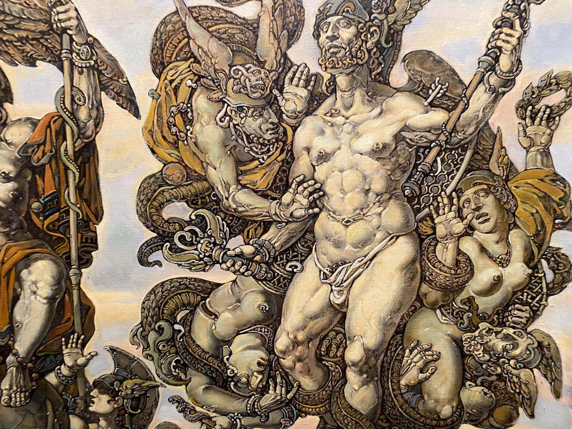 Oil painting Apotheosis of Homer by Litvinov Oleg Arkadyevich, muscular winged figure in ornate armor