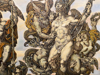 Oil painting Apotheosis of Homer by Litvinov Oleg Arkadyevich, muscular winged figure in ornate armor