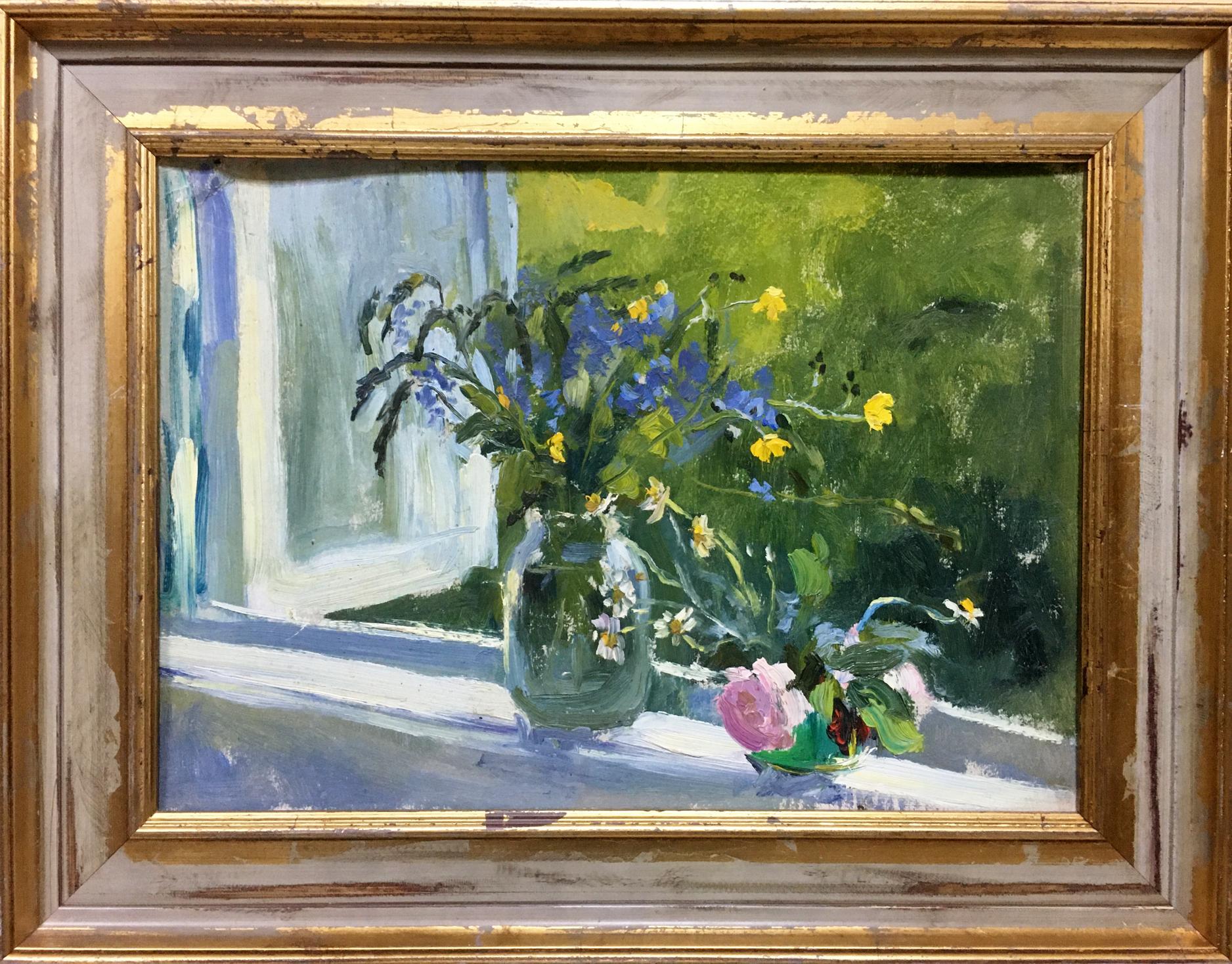 Vibrant impressionist oil painting of blue yellow flowers in vase on windowsill by Poplavsky Mikhail Konstantinovich