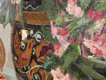 Oil painting Flowers Sipko T.I. vibrant orange black swirl vase
