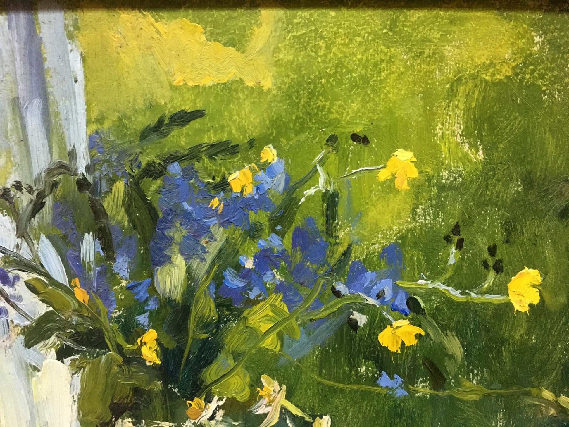 Vibrant impressionist oil painting of blue yellow flowers by Poplavsky Mikhail Konstantinovich