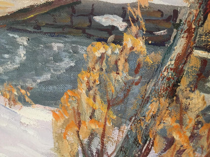 Oil painting Winter in the Carpathians by Shary Anatoly Ivanovich with orange textured brushstrokes