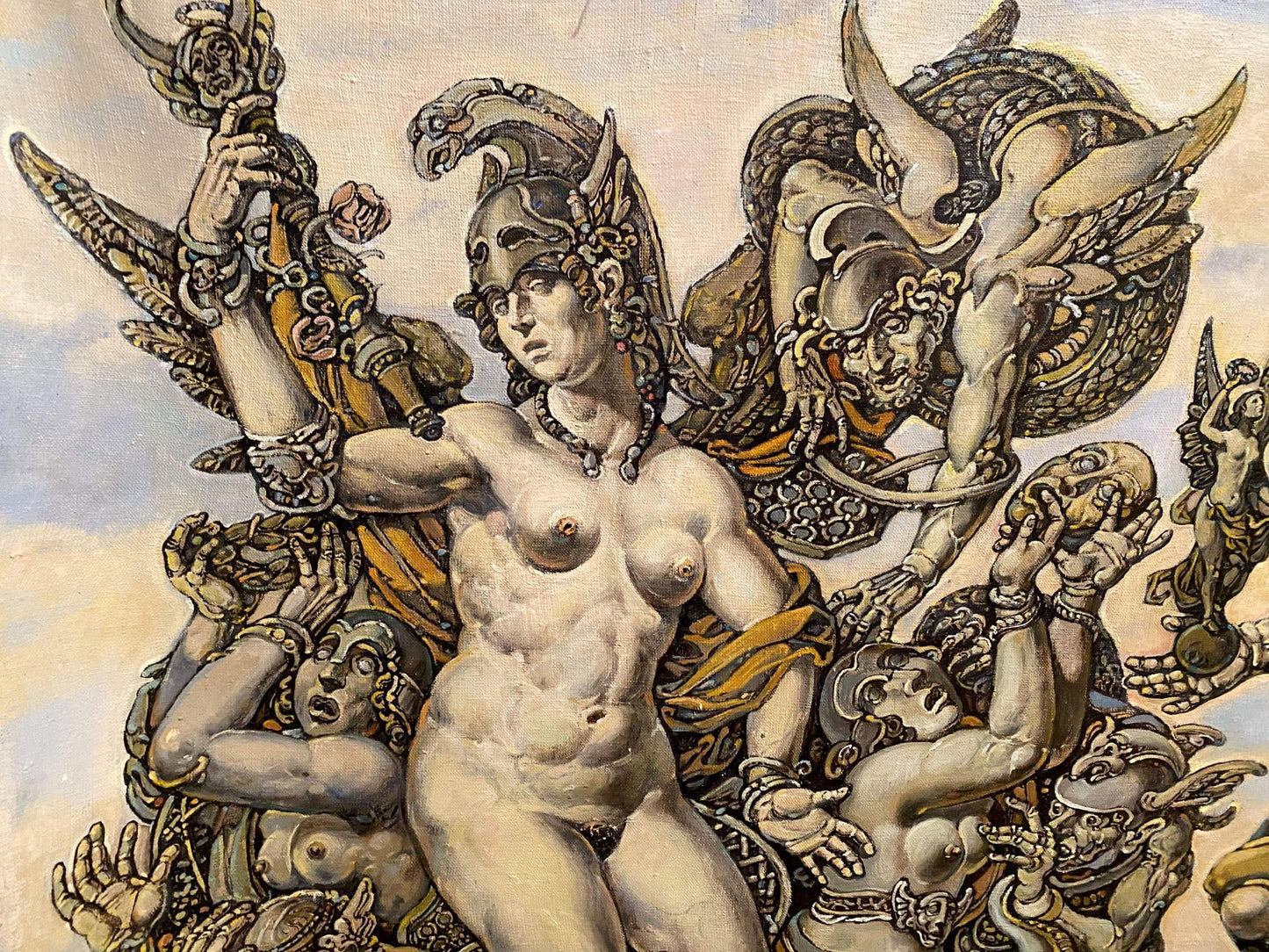 Oil painting Apotheosis of Homer by Litvinov Oleg Arkad’yevich: nude figure in armor with weapon, mythological creatures