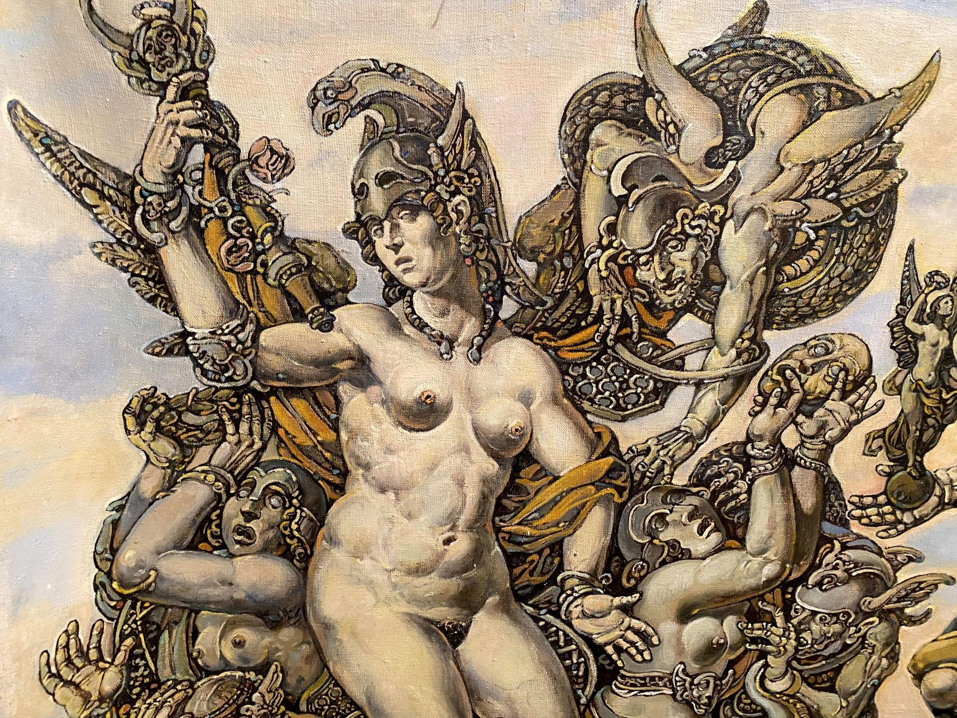 Oil painting Apotheosis of Homer by Litvinov Oleg Arkad’yevich: nude figure in armor with weapon, mythological creatures